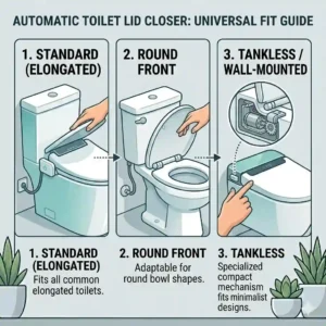 Illustrated comparison of round and elongated toilet bowl shapes compatible with an automatic toilet lid closer.