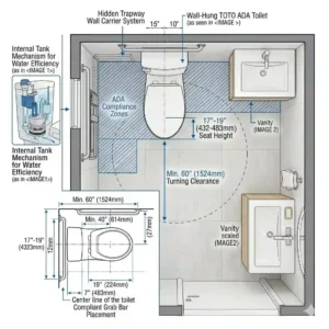 Architectural layout blueprint featuring a space-saving wall-hung Toto ada toilets installation with compliant grab bar placement.