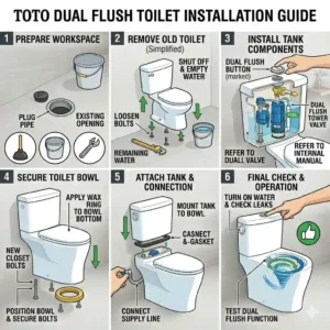 A step-by-step installation guide diagram showing how to properly assemble and mount a toto dual flush toilet.