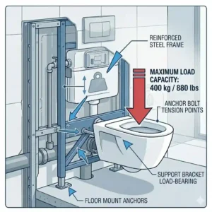 Technical illustration highlighting the heavy-duty weight capacity and support frame of a wall mounted toilet with bidet.