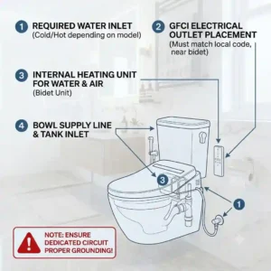 Technical bathroom blueprint showing water line and electrical outlet placement for installing a bidet toilet with dryer.