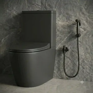 Minimalist black toilet with bidet hose sprayer attachment hanging on the adjacent wall.