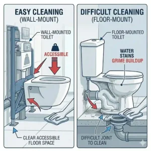 Diagram comparing the easy under-toilet cleaning of a wall mounted toilet with bidet versus a traditional floor-mounted toilet.