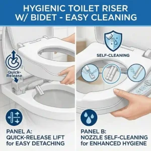 A demonstration of the quick-release mechanism for easy cleaning of a toilet seat riser with bidet.
