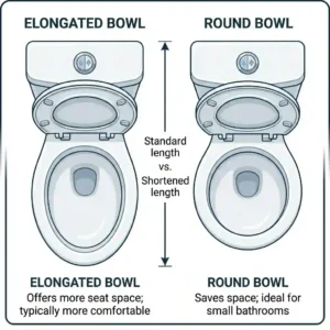 Top-down view diagram contrasting an elongated bowl design against a round bowl structure for a standard floor mounted toilet.
