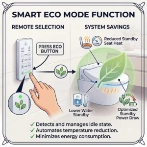 An illustration showing the energy-saving eco mode function activated on a remote control bidet toilet seat.