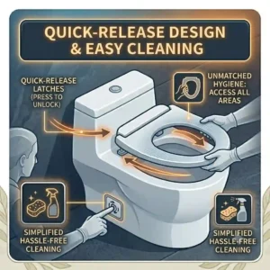 Quick-release mechanism illustration showing how to easily remove a detachable toilet heated seat for cleaning.