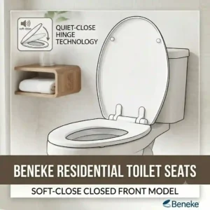 A residential closed front cover designed for soft-close beneke toilet seats.