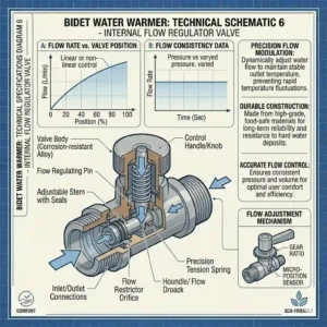 Illustration of built-in safety sensors and automatic shut-off valves in a bidet water warmer.