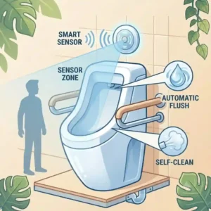 Infographic showcasing the smart sensor and automatic flush technology on a modern standing toilet.