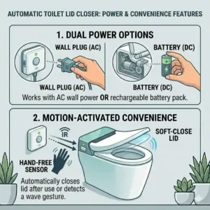 Line art illustration highlighting the rechargeable battery compartment of a smart automatic toilet lid closer.