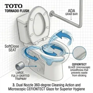 3D rendered graphic demonstrating the powerful rimless Tornado Flush technology used in modern Toto ada toilets for superior cleaning.