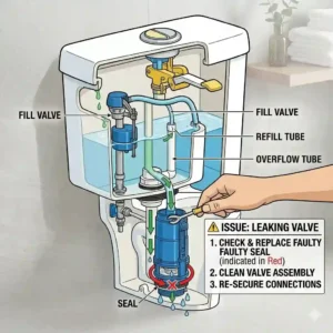 A troubleshooting guide diagram focusing on how to check and replace a leaking valve seal inside a toto dual flush tank.