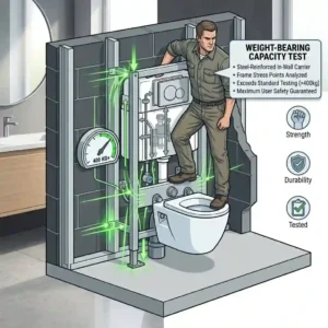 Technical illustration demonstrating the weight-bearing capacity and structural integrity of a wall mounted toilet bowl frame.