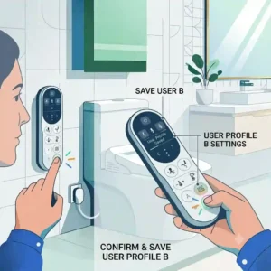 Digital graphic showing user profile memory buttons on a smart bidet remote for saving personalized water spray settings.