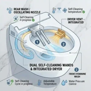 Retractable self-cleaning dual nozzles next to the hot air dryer vent inside a bidet toilet with dryer bowl.