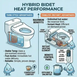 Compatibility chart showing how a bidet water heater toilet seat fits round versus elongated toilet bowls.