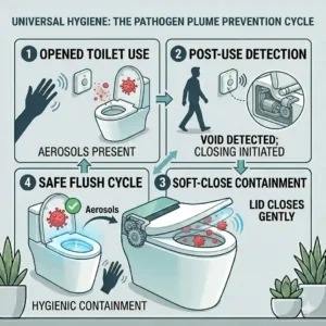 Clean and minimalist bathroom concept illustration emphasizing hands-free hygiene with an automatic toilet lid closer.