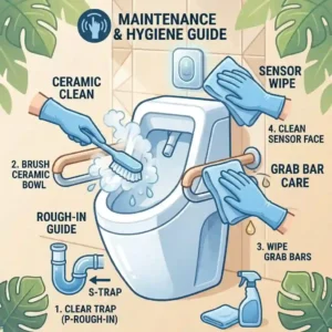 A clear step-by-step cleaning and hygiene maintenance guide for a standing toilet.