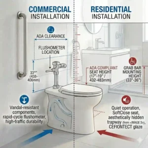 Split vector illustration comparing a commercial flushometer-style model with a residential tank-type option among Toto ada toilets.