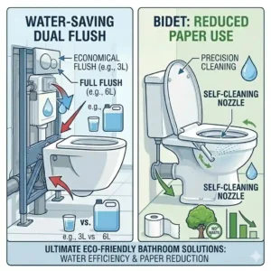 Infographic showcasing the water-saving dual flush system and eco-friendly features of a smart wall mounted toilet with bidet.