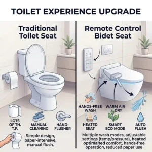 A side-by-side illustration comparing a standard toilet seat with an upgraded smart remote control bidet seat.