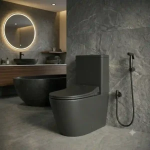 Luxury master bathroom design featuring a high-end black toilet with bidet seat alongside a matching black sink.