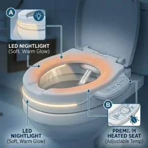 An illustration of the premium heated seat and LED nightlight features on a smart toilet seat riser with bidet.