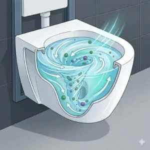 Cross-section view of a rimless wall mounted toilet bowl showing the hygienic water flow during a flush.