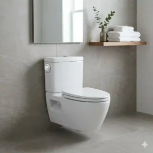 A minimalist contemporary bathroom design featuring a space-saving toto dual flush wall-hung toilet model.