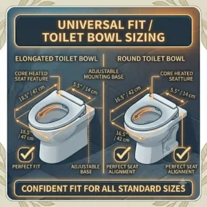 Universal sizing chart comparing elongated and round bowl dimensions for proper toilet heated seat installation.