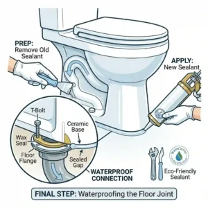 Detailed line art diagram illustrating the final step of applying silicone sealant to waterproof the base of a floor mounted toilet.