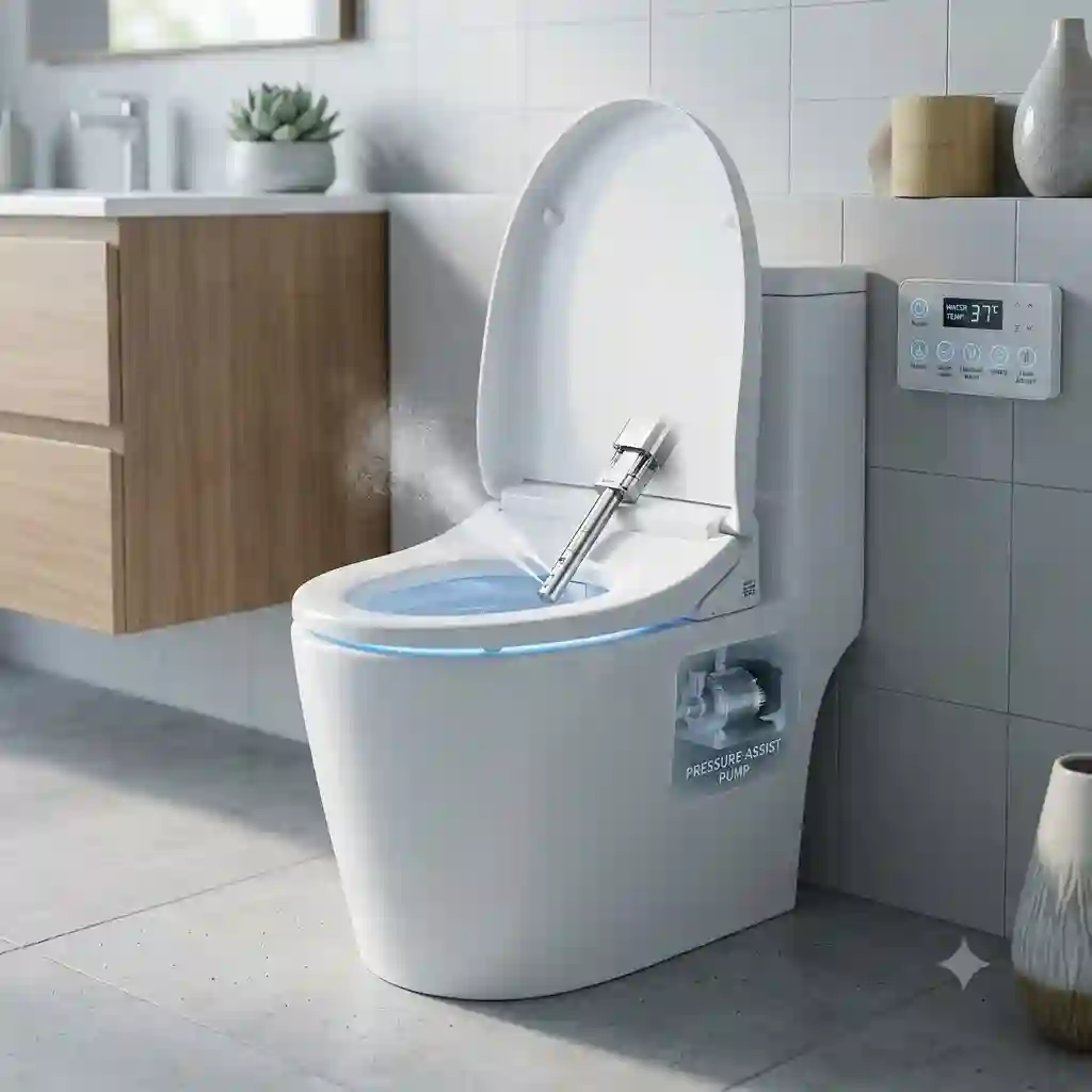 A modern bathroom featuring a high-tech bidet toilet pump assisted toilet bidet.