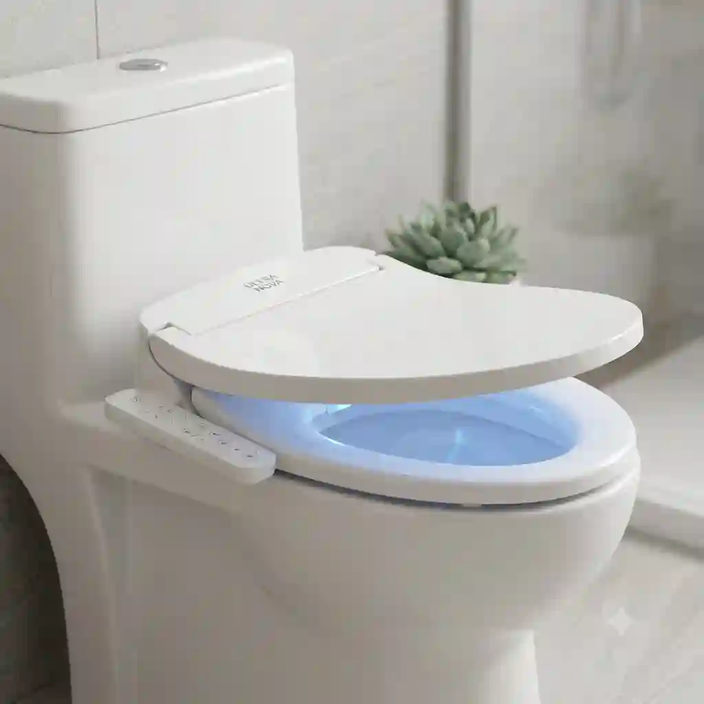 Modern bathroom showcasing the ultra nova bidet smart toilet seat installed on a white ceramic toilet.