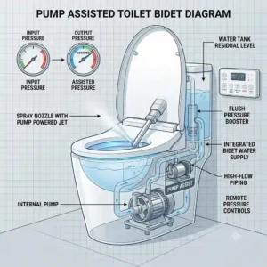 A detailed diagram illustrating the internal components of a bidet toilet pump assisted toilet bidet.