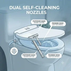 Detailed diagram of the ultra nova bidet self-cleaning dual nozzle spray system for posterior and feminine wash.