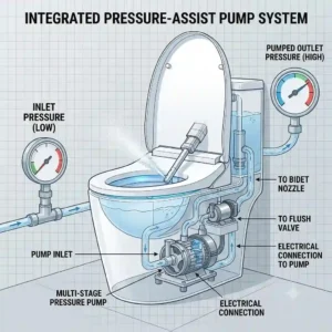 A diagram showing the pressure-assist pump system within the bidet toilet pump assisted toilet bidet.