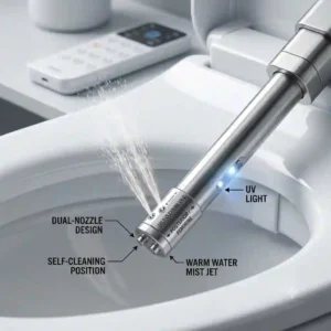 A close-up view of the bidet spray wand and its nozzle functions on the bidet toilet pump assisted toilet bidet.