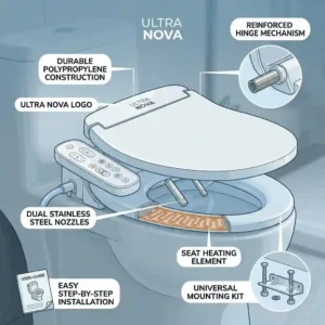 Graphic highlighting the heated seat technology and occupy-sensor on the ultra nova bidet seat.