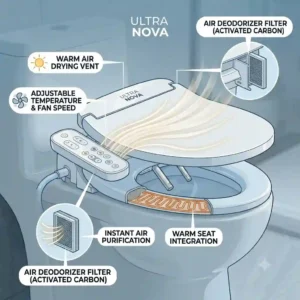 Illustration demonstrating the adjustable warm air dryer feature of the ultra nova bidet.