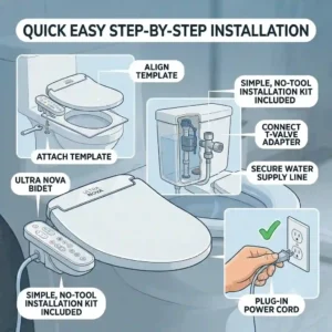 Step-by-step DIY installation diagram showing how to mount the ultra nova bidet to a standard toilet bowl.