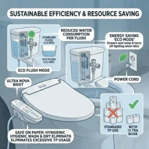 Infographic displaying the eco-friendly water conservation and energy-saving mode of the ultra nova bidet.